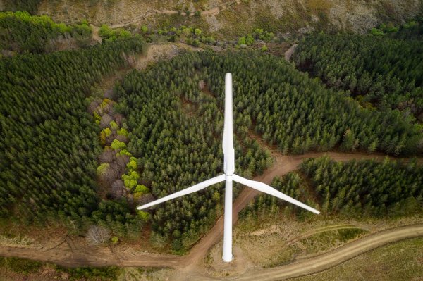 Wind turbines drone aerial view renewable energy on the middle of clouds in Serra da Lousa, Portugal