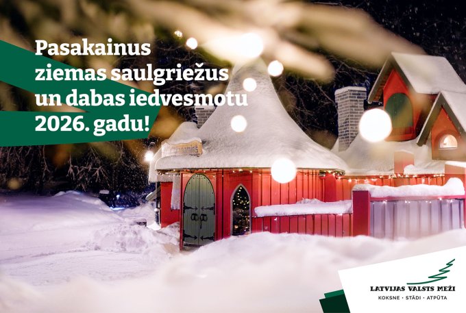 Kartīte ar Latvijas valsts mežu sveicienu Ziemassvētkos: Pasakainus ziemas saulgriežus un dabas iedvesmotu 2026. gadu!